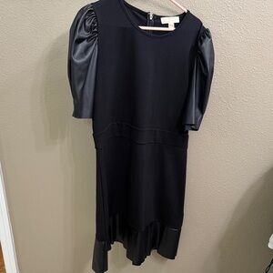 Michael Kors Black High Low Dress with Faux Leather Sleeves